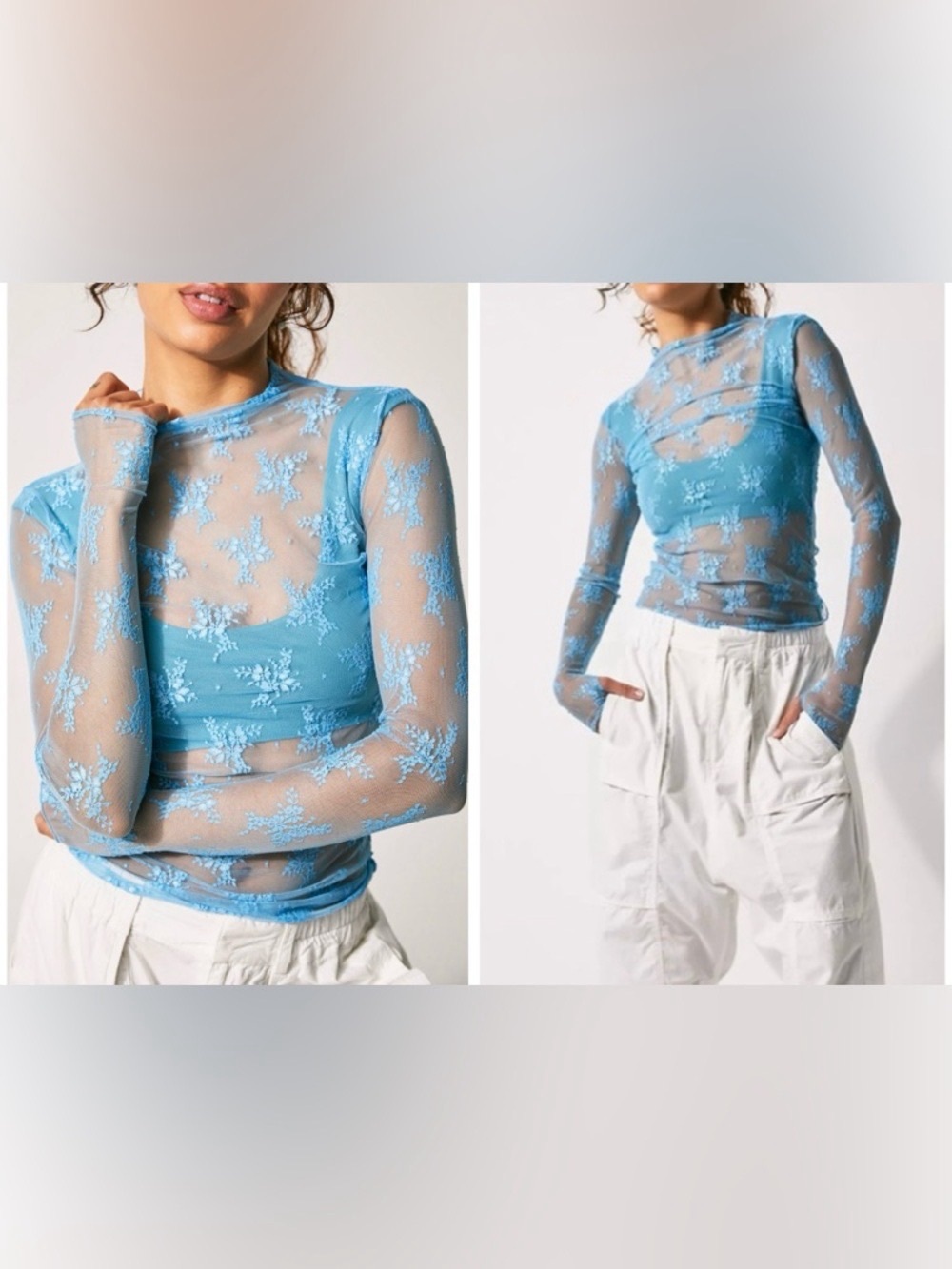 Free People intimately Small Lux Top Floral Lace Stretch Layering Tee Blue Bell - Picture 5 of 5